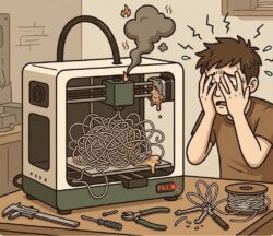 3D Printing illustration of a person with hands on their face in distress next to a 3D printer that has failed mid-print, with a tangled nest of filament spaghetti, smoke and a small flame near the nozzle, and a red "FAIL" indicator light.