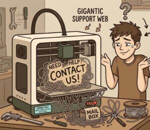 Illustration of a failed 3D print with filament spilling out as a tangled "spaghetti" pile, labeled "Gigantic Support Web," "Error 404: Object.Print.Success Not Found," and "Need Help? Contact Us!" A confused person shrugs nearby, with a "Mail Box" sign sitting in the mess and a red "Fail" light on the printer.