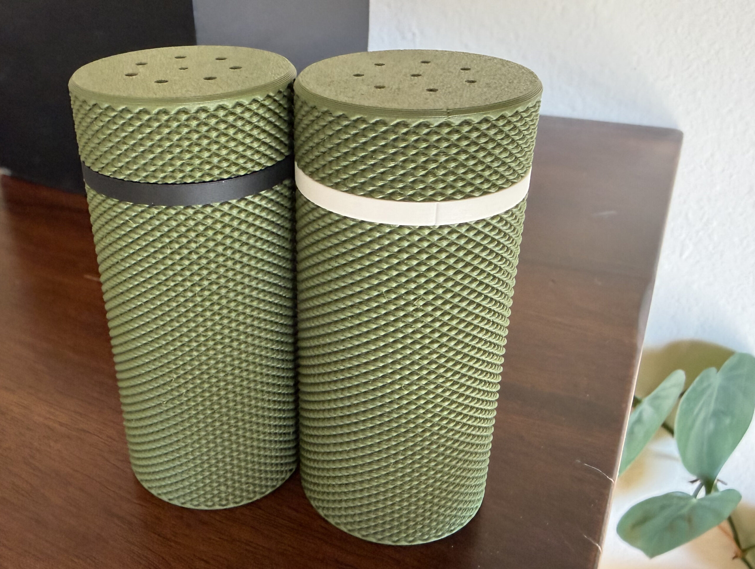 3D printed salt and pepper shaker set in dark green PLA Matte with black and white color ID rings on a wood surface